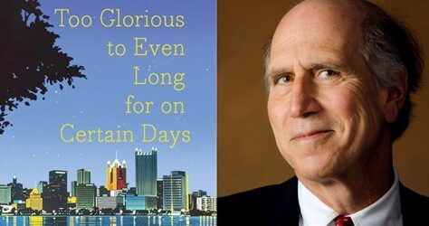 A split image: the left side shows a book cover with a city skyline and the title "Too Glorious to Even Long for on Certain Days"; the right side features a man with light skin and graying hair in a suit. Fearrington Village
