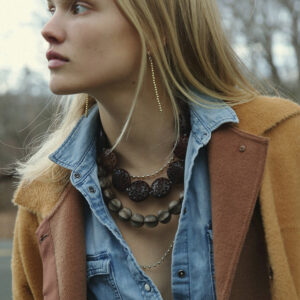 A woman with long blonde hair wears a brown coat over a denim shirt, accessorized with layered beaded necklaces and a gold earring, standing outdoors with leafless trees in the background. Fearrington Village