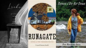 Three book covers side by side: "Lords" with a vintage sewing machine on a table, "Runagate" featuring a stylized illustration of people and trees, and "Because I Did Not Drown" showing a woman in a yellow jacket by water. Fearrington Village