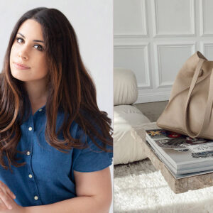 A woman with long brown hair in a blue shirt poses indoors next to a split image of a beige handbag resting on books atop a marble table in a modern, white living room. Fearrington Village