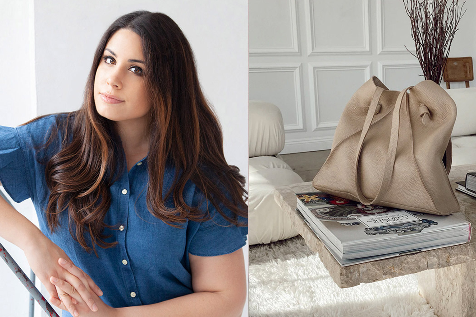 A woman with long brown hair in a blue shirt poses indoors next to a split image of a beige handbag resting on books atop a marble table in a modern, white living room. Fearrington Village