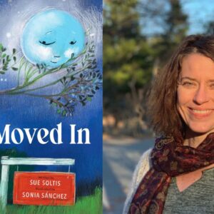 The image is split: on the left is the book cover "The Moon Moved In" showing a girl climbing a tree toward a large moon; on the right, a smiling woman with brown hair stands outdoors in sunlight. Fearrington Village