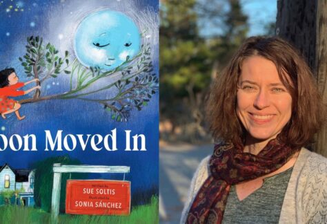 The image is split: on the left is the book cover "The Moon Moved In" showing a girl climbing a tree toward a large moon; on the right, a smiling woman with brown hair stands outdoors in sunlight. Fearrington Village
