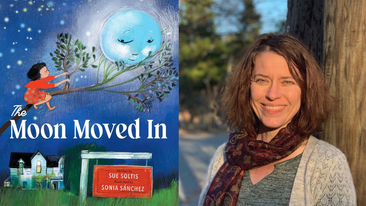 The image is split: on the left is the book cover "The Moon Moved In" showing a girl climbing a tree toward a large moon; on the right, a smiling woman with brown hair stands outdoors in sunlight. Fearrington Village