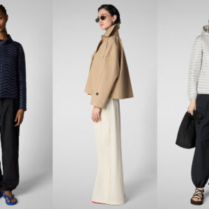 Three models pose against a plain background wearing casual outfits: a wavy navy jacket with black pants, a tan cropped jacket with wide cream pants, and a light puffer jacket with black pants and a black bag. Fearrington Village
