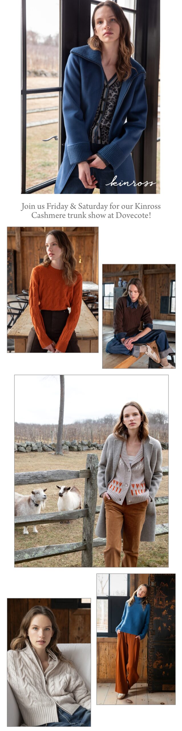 A woman models various cozy fall outfits, including sweaters and coats, in rustic indoor and outdoor farm settings, inviting viewers to a Kinross Cashmere trunk show at Devotee; sheep appear in one outdoor scene. Fearrington Village