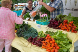 Three people interact at a farmers market stand displaying fresh vegetables, including carrots, beets, and leafy greens. The vendor hands a bag of carrots to a customer. A sign reads "Roots Farm. Fearrington Village