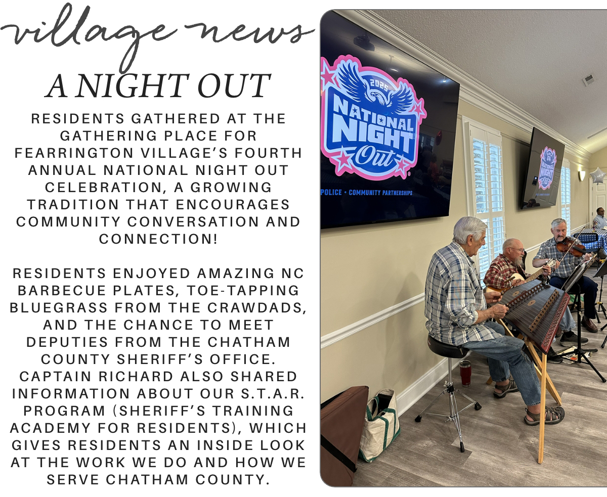A community event poster features residents enjoying live bluegrass music, a National Night Out logo on a screen, and text about the village’s annual gathering with food, music, and local law enforcement. Fearrington Village