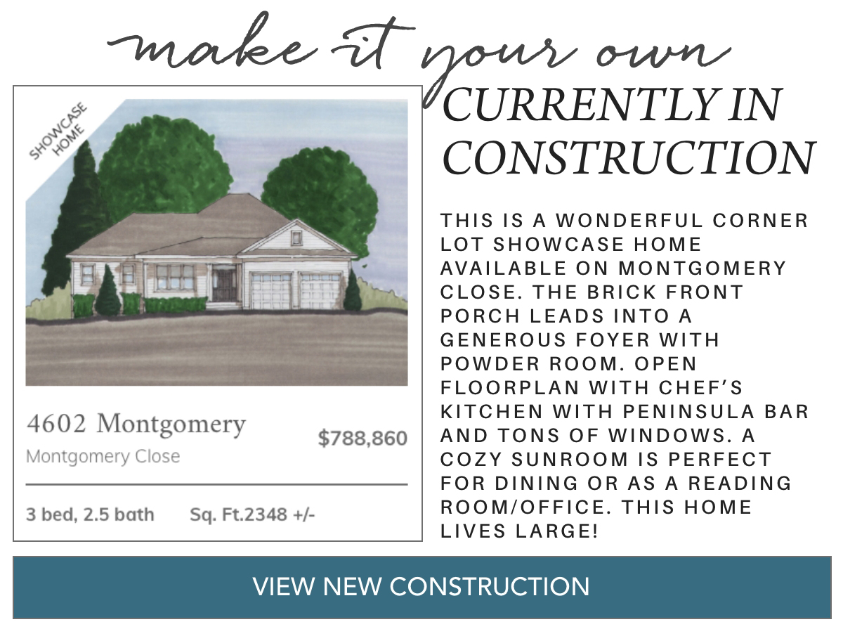 Promotional graphic for a house under construction, featuring an illustration of a single-story home with a brick porch, text details about its features, price ($788,860), and a button labeled "View New Construction. Fearrington Village