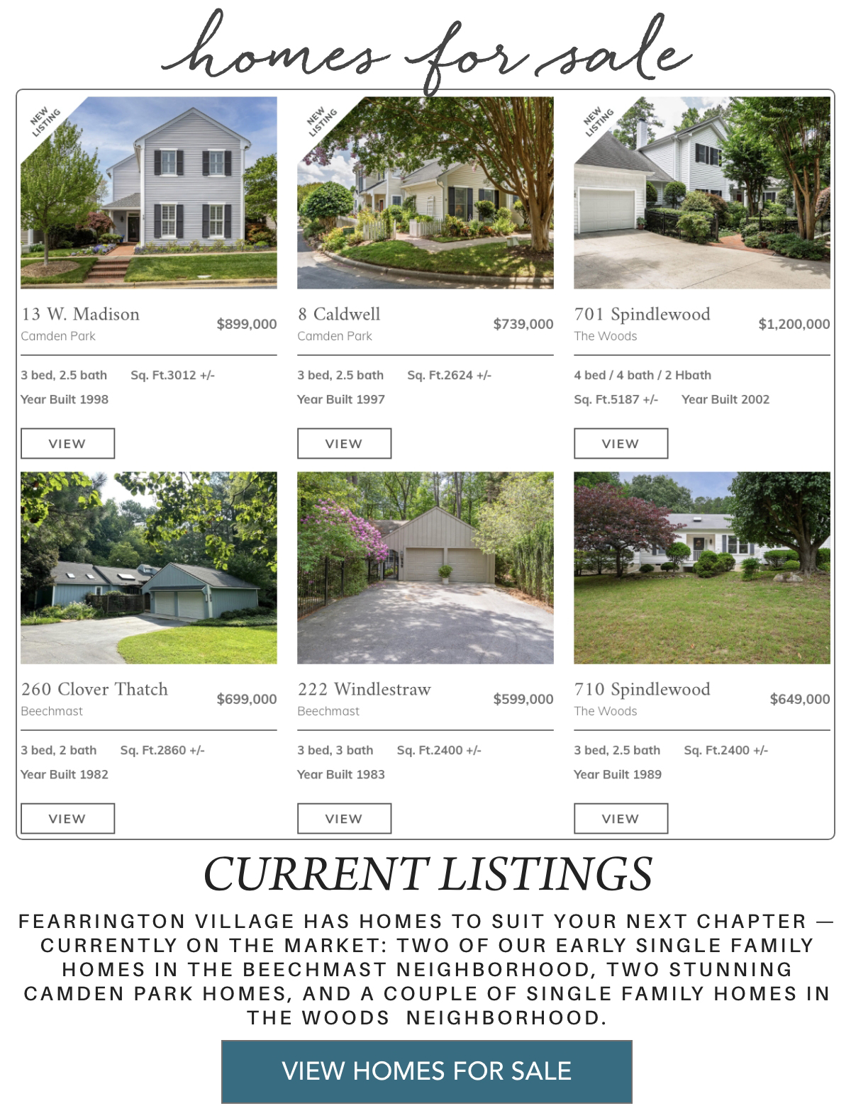 A real estate listing advertises six homes for sale, each with a photo, address, price, key features, and a "VIEW" button. The homes range from $649,000 to $1,200,000 and have 2-5 bedrooms. A blue "VIEW HOMES FOR SALE" button is below. Fearrington Village