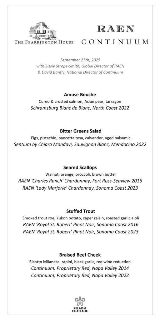 A dinner menu featuring five courses with wine pairings, hosted by The Fearrington House and RAEN Continuum, dated September 25th, 2025. Courses include amuse bouche, salad, scallops, trout, and braised beef cheek. Fearrington Village