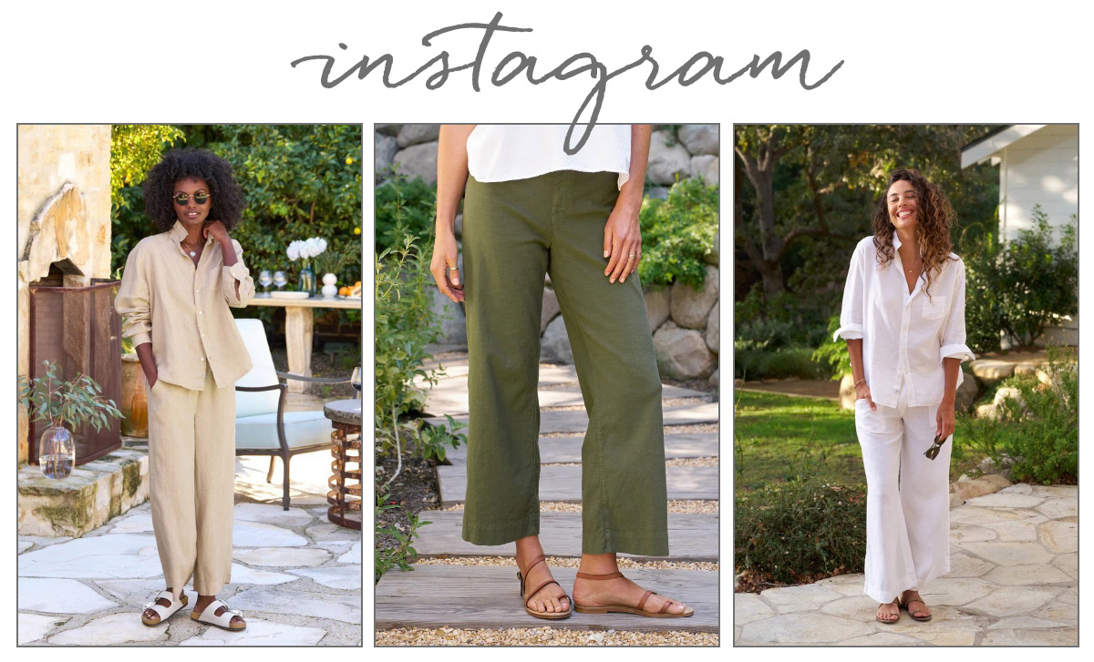 Three women showcase relaxed, casual outfits outdoors. The left wears a beige set, center shows olive green pants and sandals, and right wears a loose white shirt and pants. Above them is the word "instagram" in script. Fearrington Village