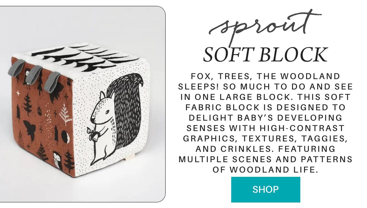 A soft fabric block with high-contrast woodland-themed graphics, including a fox, trees, and a squirrel. The block features textures, taggies, and crinkles for babies. "Fox, trees, the woodland sleeps! So much to do and see in one large block. This soft fabric block is designed to delight baby’s developing senses with high-contrast graphics, textures, taggies, and crinkles. Featuring multiple scenes and patterns of woodland life." Fearrington Village