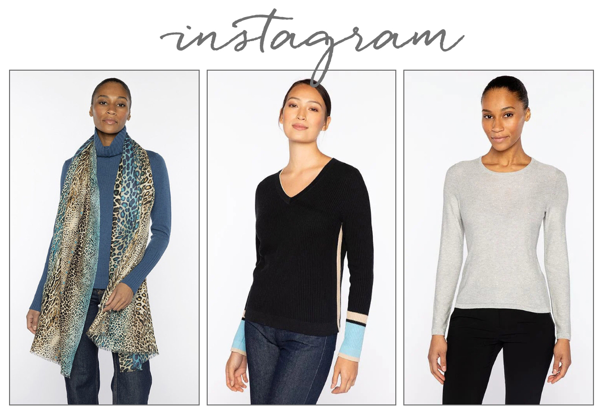 Three women modeling fall outfits: left woman wears a blue turtleneck sweater with a leopard-print scarf, middle wears a black V-neck sweater, and right wears a light gray long-sleeve top. "Instagram" is written above them. Fearrington Village