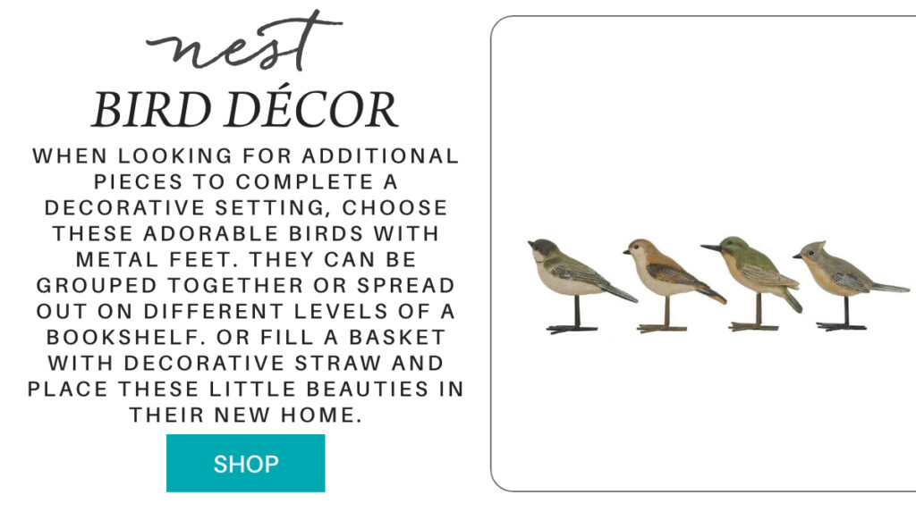 Promotional image for “Nest Bird Décor," featuring four small, realistic bird figurines with metal feet. Text describes using them for decorative settings and includes a turquoise "Shop" button. "When looking for additional pieces to complete a decorative setting, choose these adorable birds with metal feet. They can be grouped together or spread out on different levels of a bookshelf. or Fill a basket with decorative straw and place these little beauties in their new home." Fearrington Village