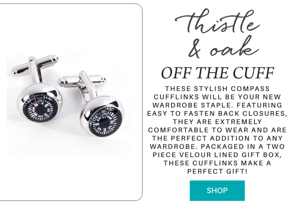 A pair of silver compass cufflinks next to text describing them as stylish and comfortable, ideal for gifting, with a turquoise "SHOP" button at the bottom. "These stylish Compass cufflinks will be your new wardrobe staple. Featuring easy to fasten back closures, they are extremely comfortable to wear and are the perfect addition to any wardrobe. Packaged in a two piece velour lined gift box, these cufflinks make a perfect gift!" Fearrington Village