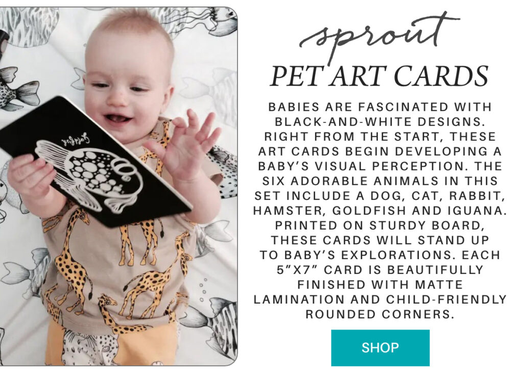A baby holds a black-and-white animal art card while sitting and smiling. Text beside the baby describes "Sprout Pet Art Cards" designed to help with baby visual development, featuring six animals and sturdy, rounded cards. "Babies are fascinated with black-and-white designs. Right from the start, these art cards begin developing a baby’s visual perception. The six adorable animals in this set include a Dog, Cat, Rabbit, Hamster, Goldfish and Iguana. Printed on sturdy board, these cards will stand upto baby’s explorations. Each 5”x7” card is beautifully finished with matte lamination and child-friendly rounded corners." Fearrington Village