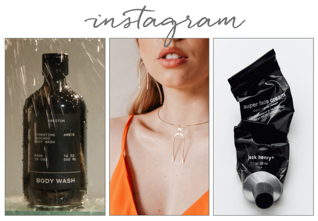 A collage features a bottle of body wash under running water, a close-up of a woman wearing large earrings and a gold necklace, and a crumpled black tube of face cream on a white background, with "instagram" written above. Fearrington Village