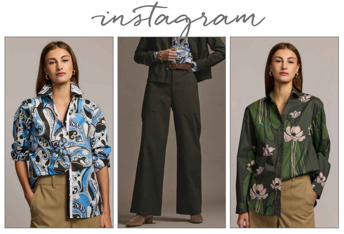 A fashion collage with "instagram" at the top, showing a woman in three outfits: blue patterned shirt with tan pants, black jacket with wide-leg pants, and green floral shirt with tan pants. Fearrington Village