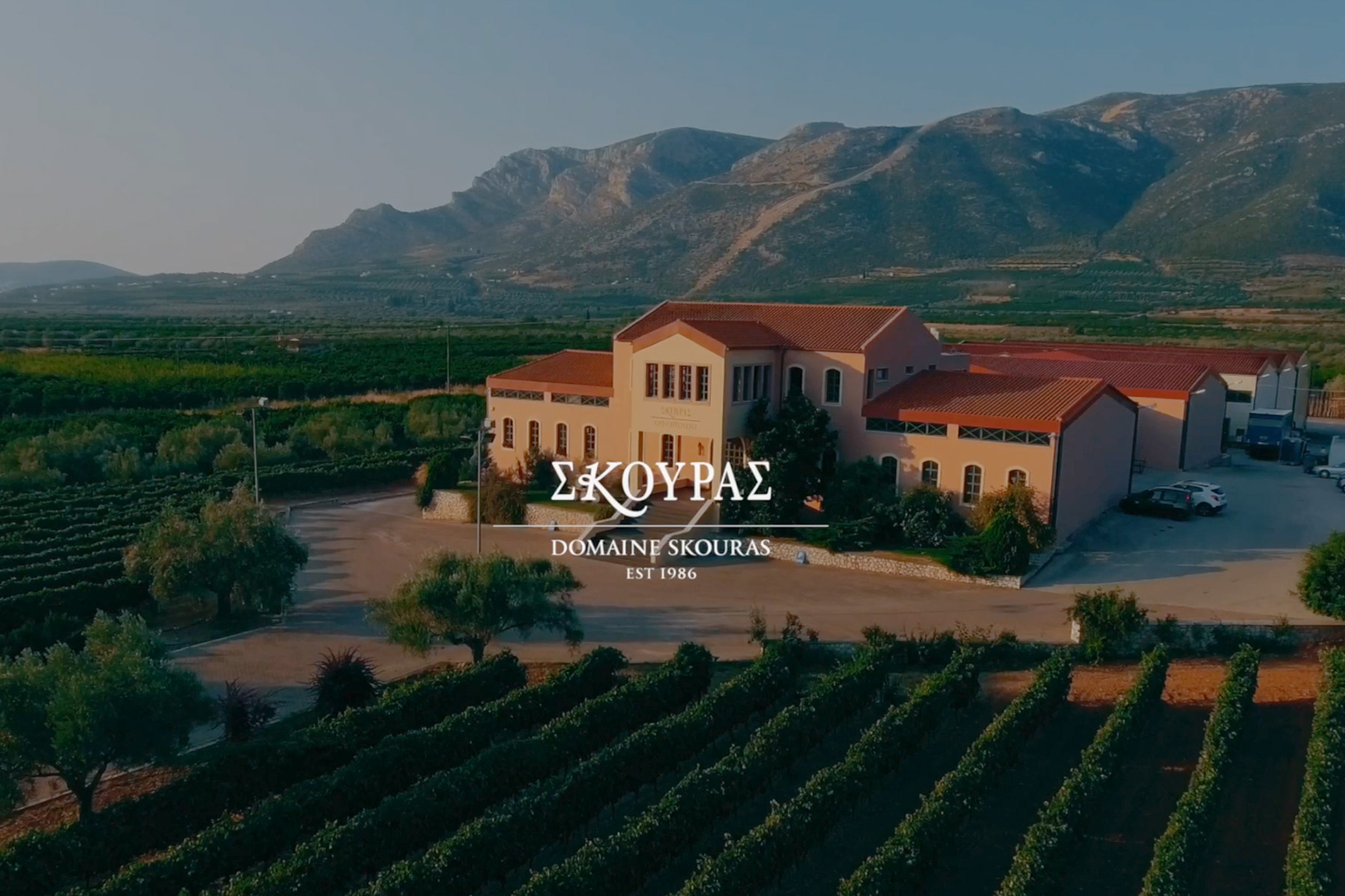 A large, yellow-tan winery building with red roofs stands among vineyards, olive trees, and mountains in the background. White text reads “DOMAIN SKOURAS EST 1986” in both Greek and English at the center. Fearrington Village