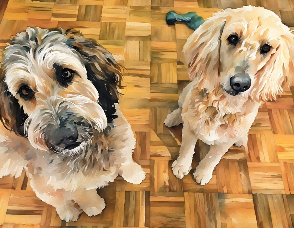 Two fluffy dogs with curly fur sit on a wooden parquet floor, looking up with sweet expressions. A green chew toy lies in the background. Fearrington Village