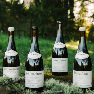Four bottles of RAEN wine are displayed on a moss-covered wooden surface outdoors, with a grassy field and trees blurred in the background. Fearrington Village