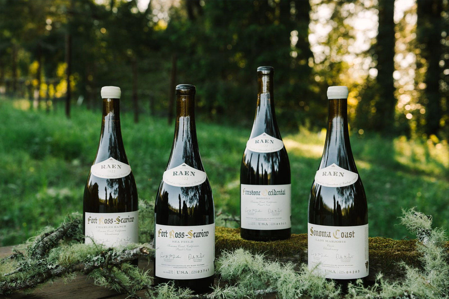 Four bottles of RAEN wine are displayed on a moss-covered wooden surface outdoors, with a grassy field and trees blurred in the background. Fearrington Village