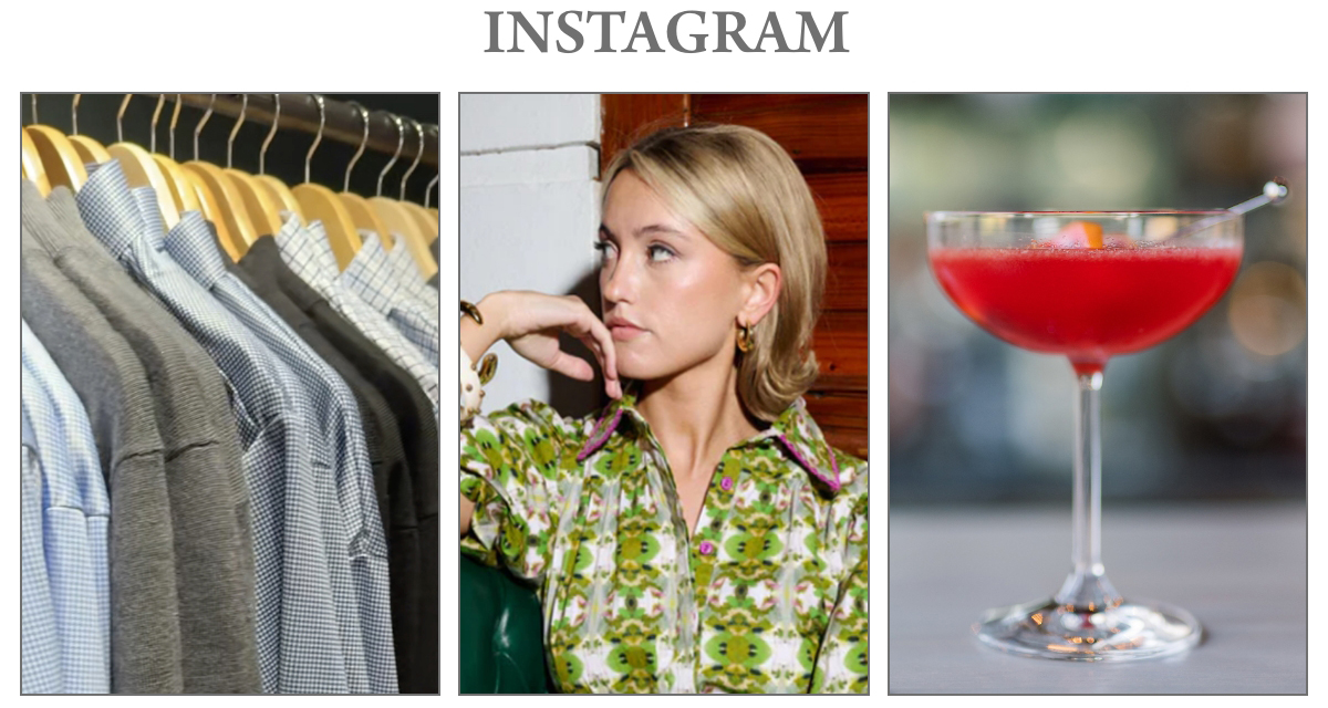 A row of neatly hung shirts, a woman with short blonde hair wearing a patterned blouse, and a red cocktail in a glass with a stirrer. Fearrington Village