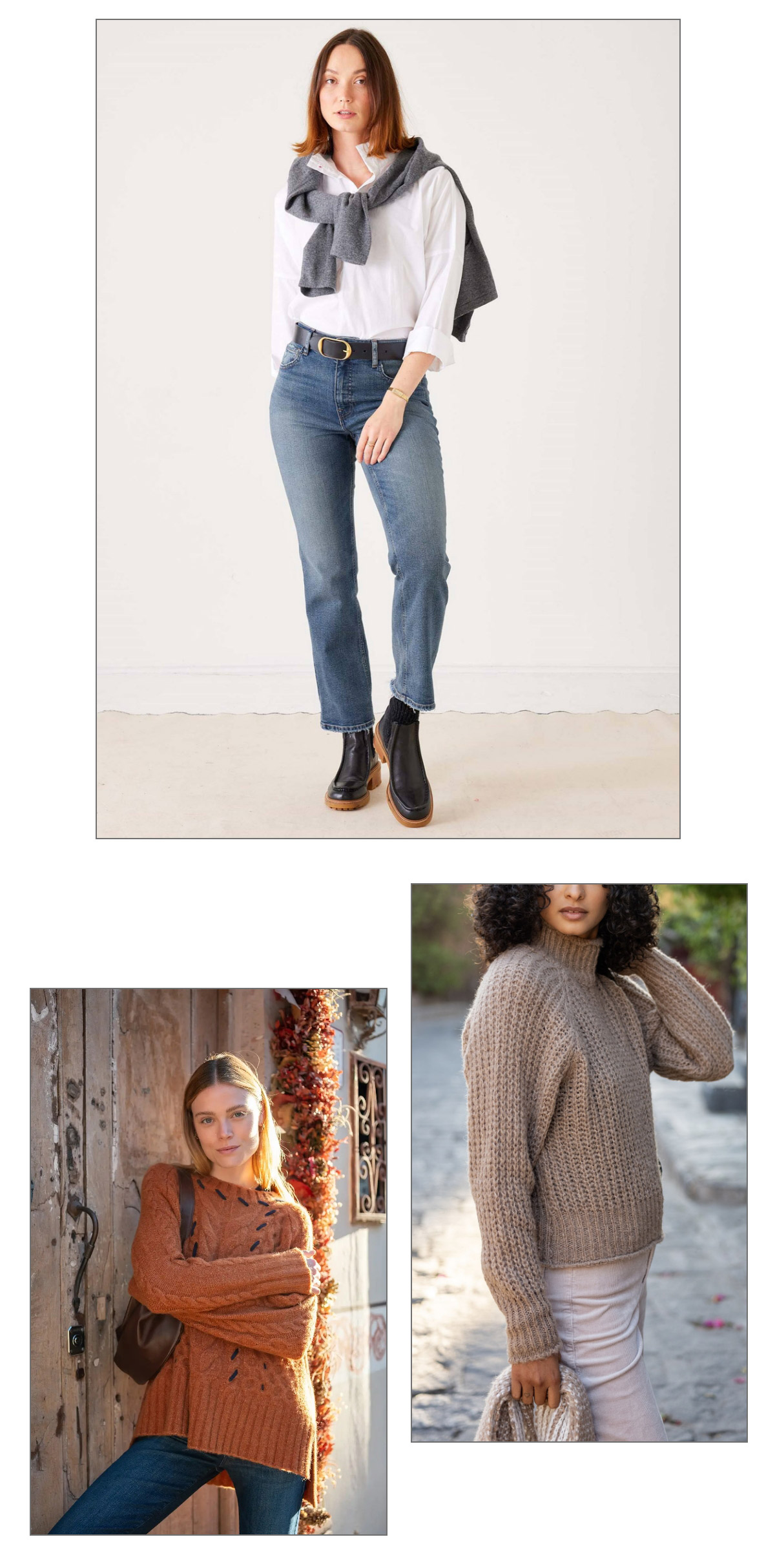 A woman in jeans, boots, and a white shirt with a sweater draped over her shoulders; a woman in a rust sweater sitting outdoors; a woman in a chunky taupe sweater and skirt holding a bag. Fearrington Village