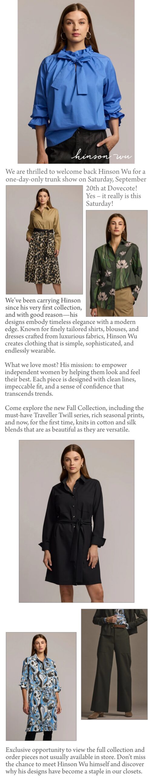 A collage showcases women modeling various outfits: a blue bow-tie blouse, a floral dress, a green floral jacket, a black dress, a blue patterned blouse, and dark wide-leg pants, highlighting a chic fall fashion collection. Fearrington Village