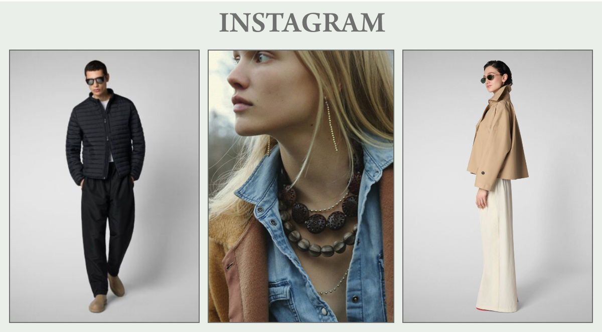 Three fashion images: a man in a black jacket, dark pants, and sunglasses; a close-up of a woman in layered necklaces, denim shirt, and beige coat; a woman in a tan jacket, white pants, and sunglasses. "INSTAGRAM" at the top. Fearrington Village