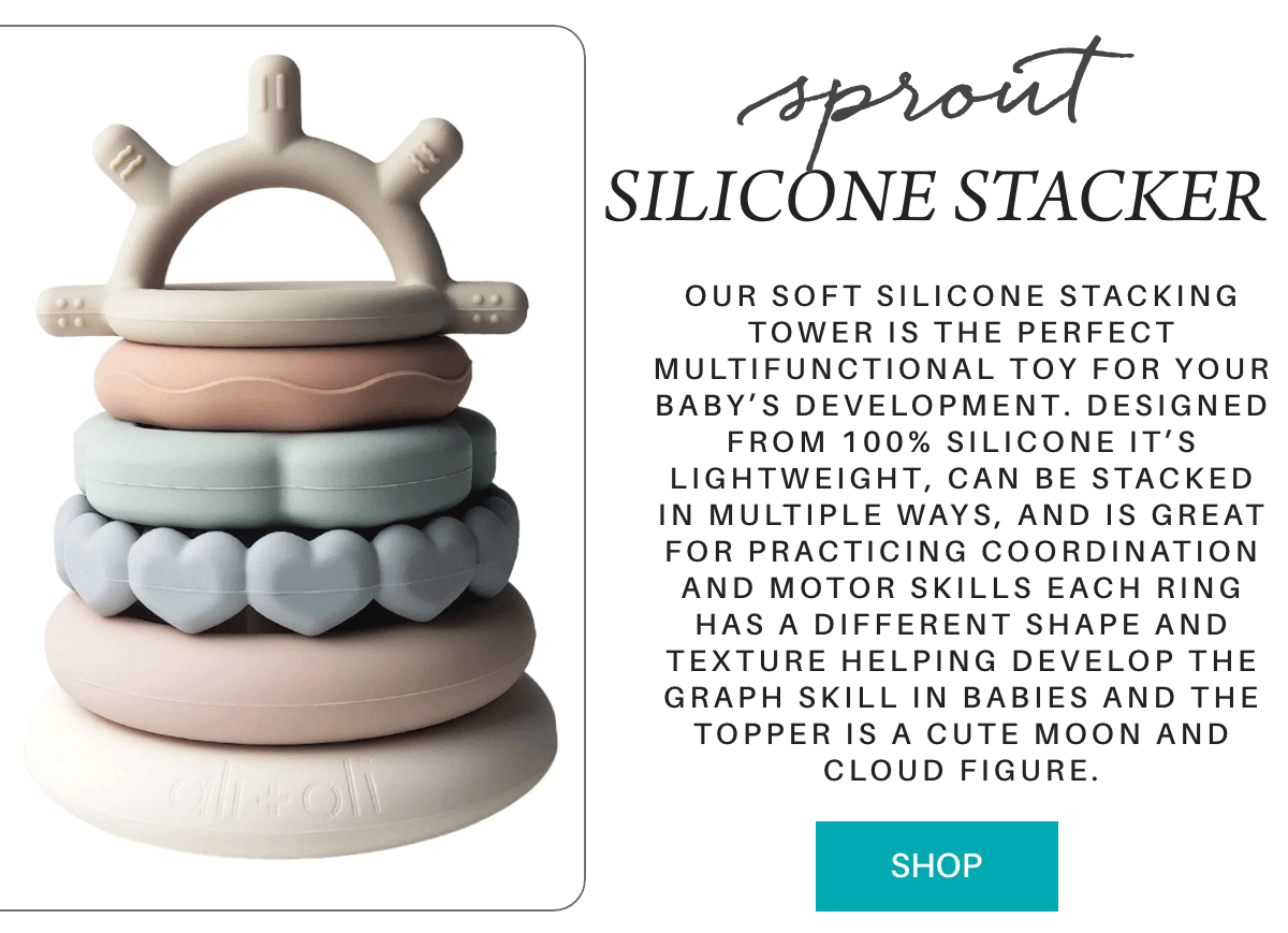 A pastel-colored silicone stacking toy with rings in different shapes and textures, topped with a moon and cloud figure, sits next to a description about its developmental benefits for babies. A turquoise "SHOP" button is below the text. "Our soft silicone Stacking tower is the perfect multifunctional toy for your baby’s development. Designed from 100% silicone it’s lightweight, can be stacked in multiple ways, and is great for practicing coordination and motor skills Each ring has a different shape and texture helping develop the graph skill in babies and the topper is a cute moon and cloud figure." Fearrington Village