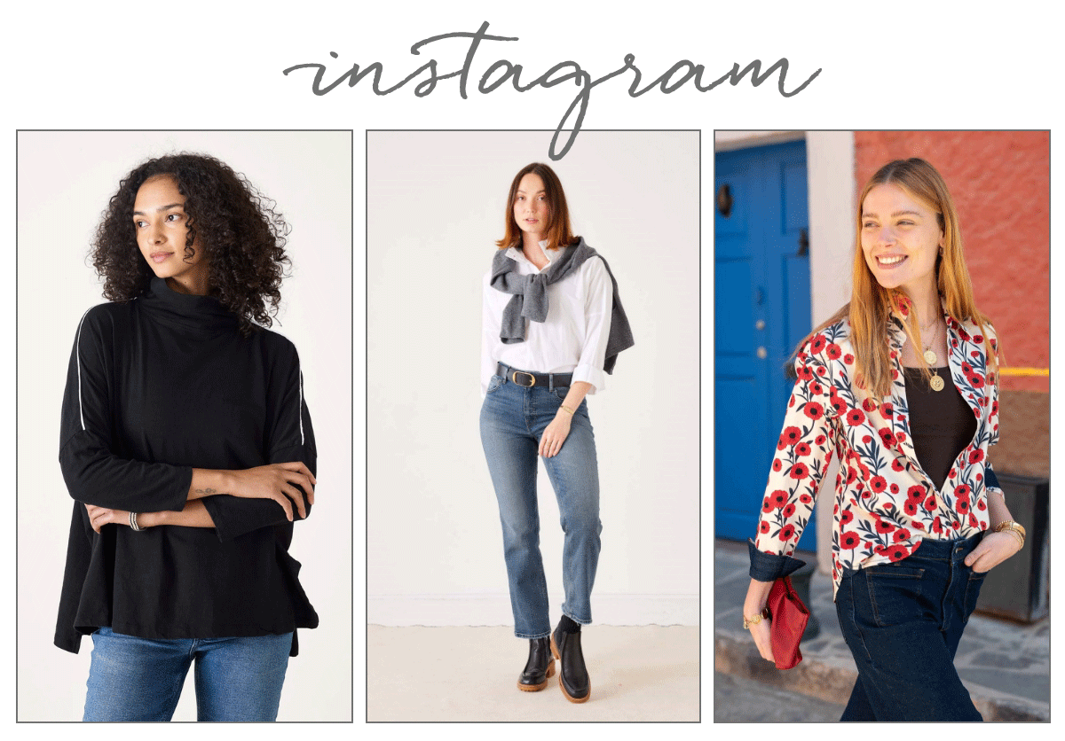 Three women pose in stylish outfits: the first wears a black turtleneck and jeans, the second wears a white shirt with a sweater over her shoulders and jeans, and the third wears a colorful floral jacket and black shirt, all against different backgrounds. Fearrington Village