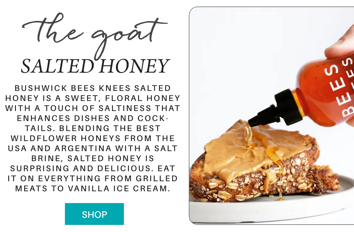 A hand drizzles honey from a Bees Knees bottle onto a thick slice of toast topped with peanut butter. Text describes salted honey as sweet, floral, and versatile for foods like grilled meats and ice cream. A "Shop" button appears below. "Bushwick Bees Knees Salted Honey is a sweet, floral honey with a touch of saltiness that enhances dishes and cock-tails. Blending the best wildflower honeys from the usa and argentina with a salt brine, salted honey is surprising and delicious. eat it on everything from grilled meats to vanilla ice cream." Fearrington Village
