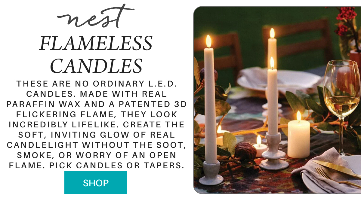 A cozy dinner table is set outdoors at dusk, featuring lifelike flameless candles of various shapes, surrounded by flowers, glassware, and a soft, glowing ambiance. Text promotes Nest flameless candles and a “Shop” button is visible. "These are no ordinary L.E.D. candles. Made with real paraffin wax and a patented 3D flickering flame, they look incredibly lifelike. create the soft, inviting glow of real candlelight without the soot, smoke, or worry of an open flame. pick candles or tapers." Fearrington Village