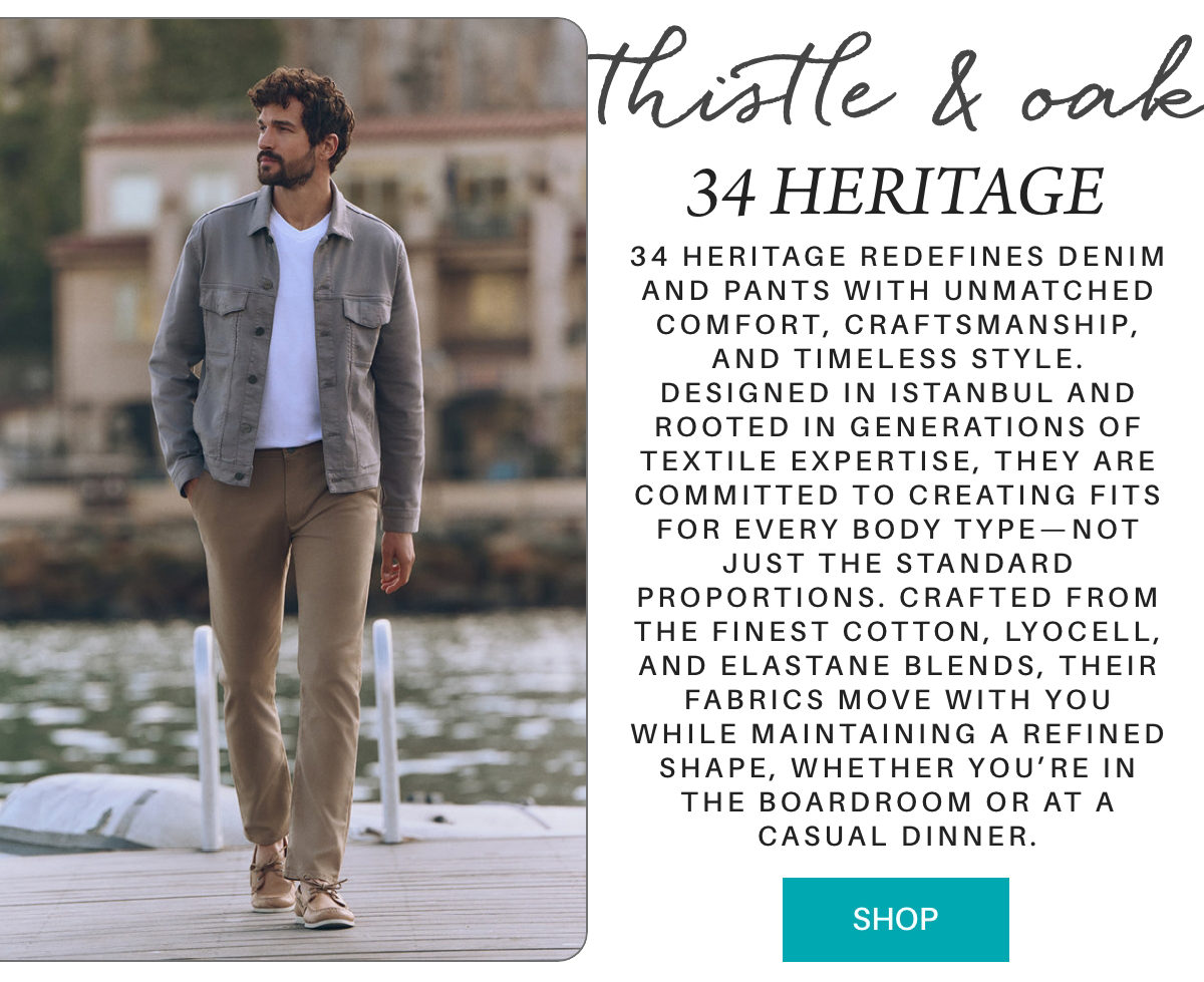 A man wearing a light gray jacket over a white shirt and light brown pants walks outdoors near water, with blurred houses in the background. Text describes 34 Heritage denim and pants, emphasizing comfort and craftsmanship. "34 Heritage redefines denim and pants with unmatched comfort, craftsmanship, and timeless style. Designed in Istanbul and rooted in generations of textile expertise, they are committed to creating fits for every body type—not just the standard proportions. Crafted from the finest cotton, Lyocell, and elastane blends, their fabrics move with you while maintaining a refined shape, whether you’re in the boardroom or at a casual dinner." Fearrington Village