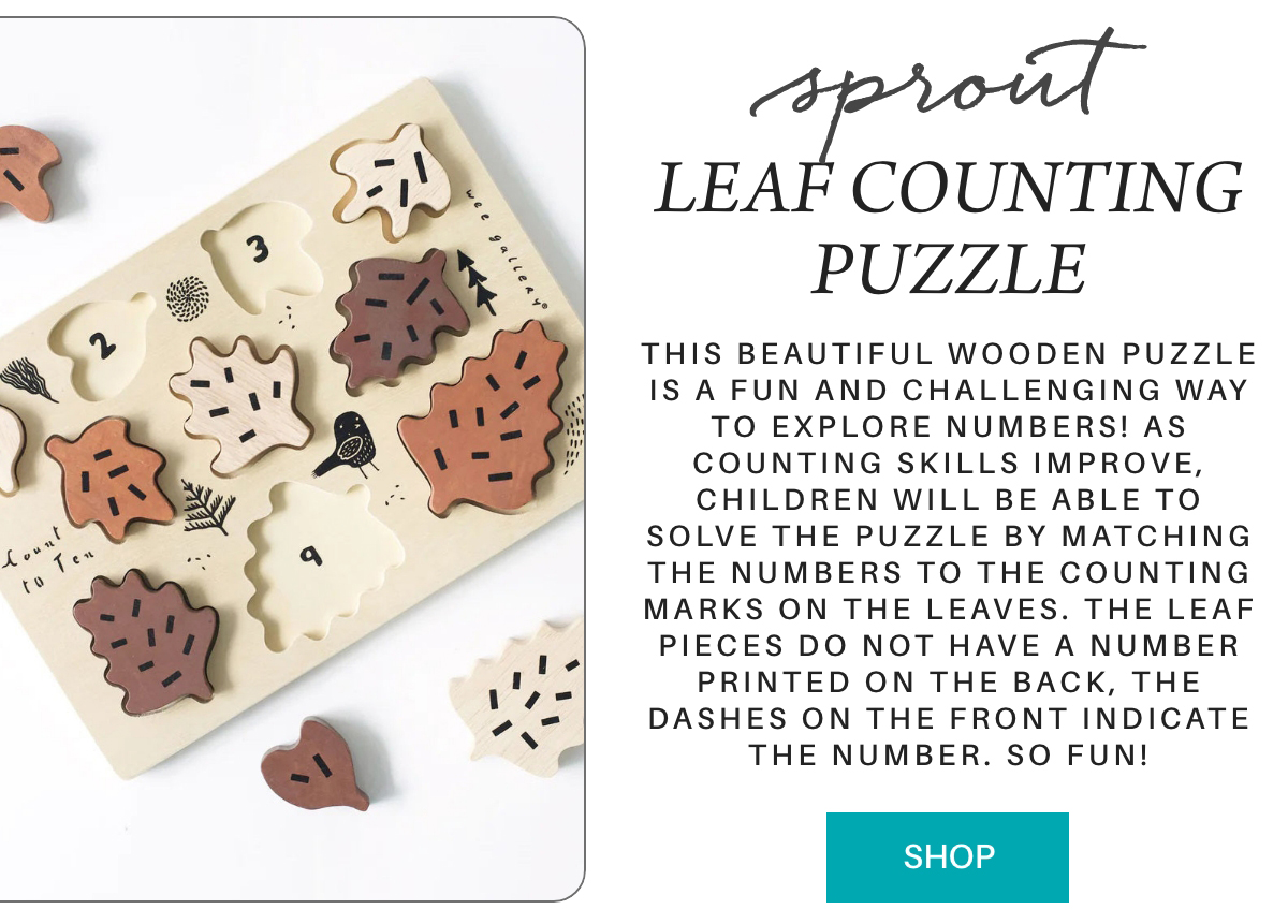 A wooden leaf-shaped counting puzzle with numbered slots and leaf pieces featuring dashes. Text describes it as a fun way for children to learn counting by matching numbers to dashes on the leaves. "This beautiful wooden puzzle is a fun and challenging way to explore numbers! As counting skills improve, children will be able to solve the puzzle by matching the numbers to the counting marks on the leaves. The leaf pieces do not have a number printed on the back, the dashes on the front indicate the number. so fun!" Fearrington Village