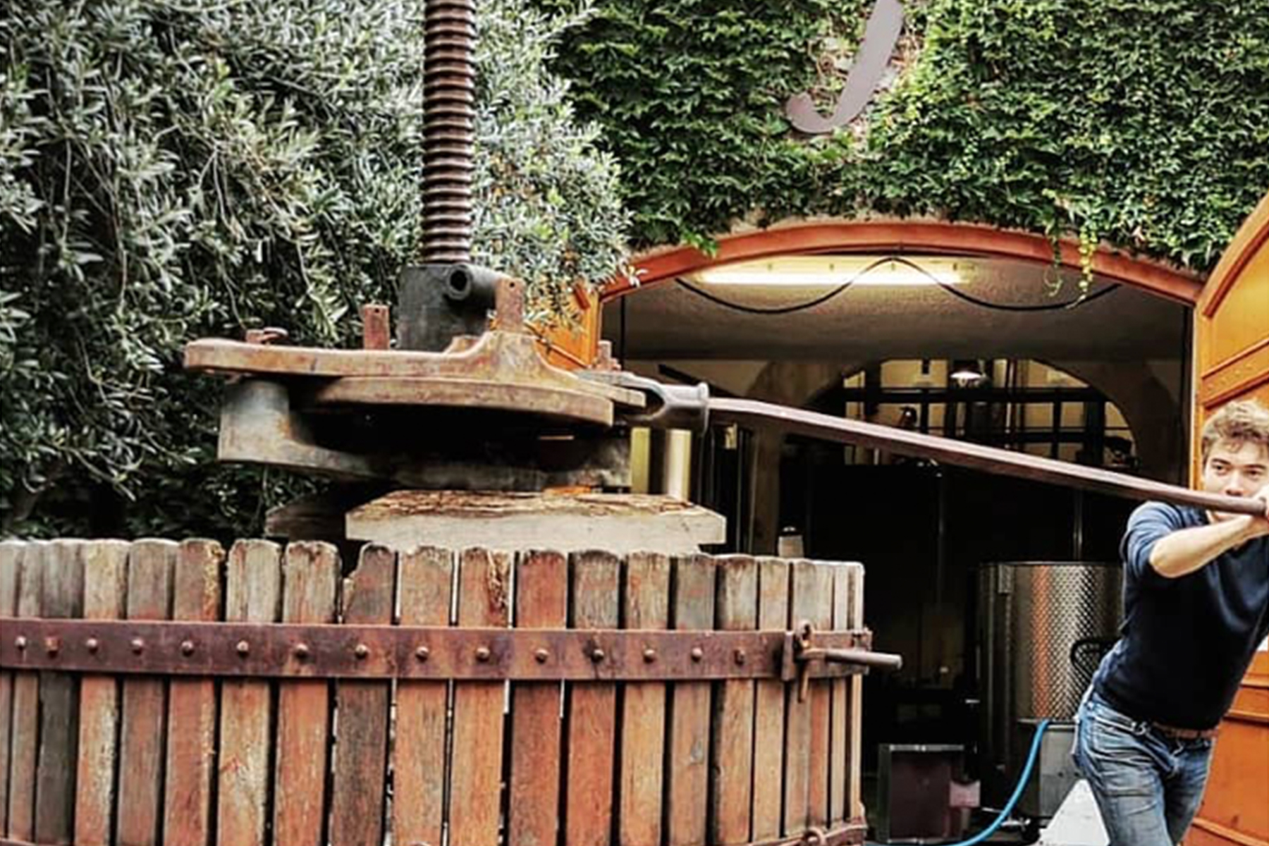A person operates a large, rustic wooden wine press outside a building covered in green ivy, using a long metal lever to apply pressure. A stainless steel tank is visible inside the open doorway. Fearrington Village