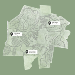 A stylized map with three labeled location markers—"your dream turnkey home," "your custom-built home," and "your perfect spec home"—set on a green background, ideal for exploring homes for sale in Chapel Hill or Fearrington Village. Fearrington Village
