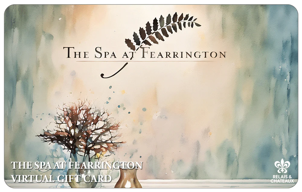 A watercolor-style gift card for The Spa at Fearrington features a delicate tree in a vase, a fern leaf above the spa's name, and the Relais & Châteaux logo in the corner. Text reads "Virtual Gift Card. Fearrington Village