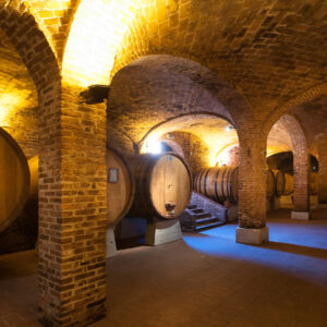 A dimly lit wine cellar with arched brick ceilings and walls, featuring large wooden barrels lined up along the stone floor and ambient yellow lighting creating a warm atmosphere. Fearrington Village