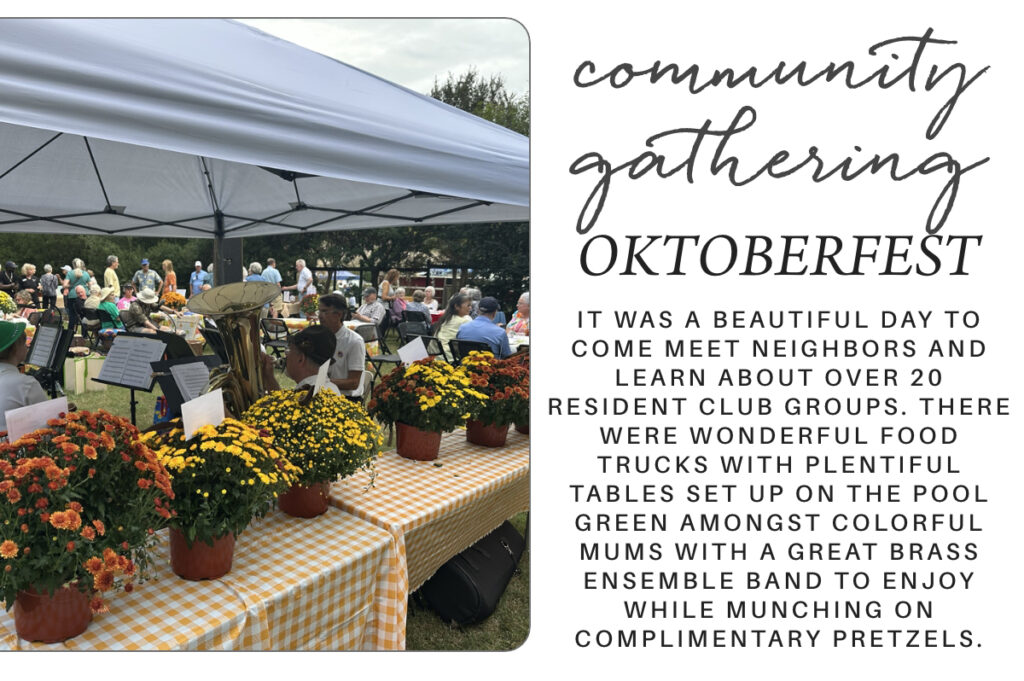 A community Oktoberfest event with people seated at tables under a canopy, a brass band playing, and colorful potted mums in the foreground. Text describes the festive atmosphere, food trucks, and complimentary pretzels. Fearrington Village
