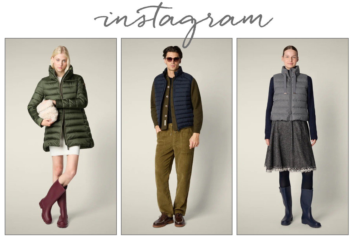 Three models pose in fall outfits: a woman in a green puffer jacket, white dress, and maroon boots; a man in an olive shirt, navy quilted vest, and brown pants; and a woman in a gray vest, navy sweater, skirt, and navy boots. Fearrington Village