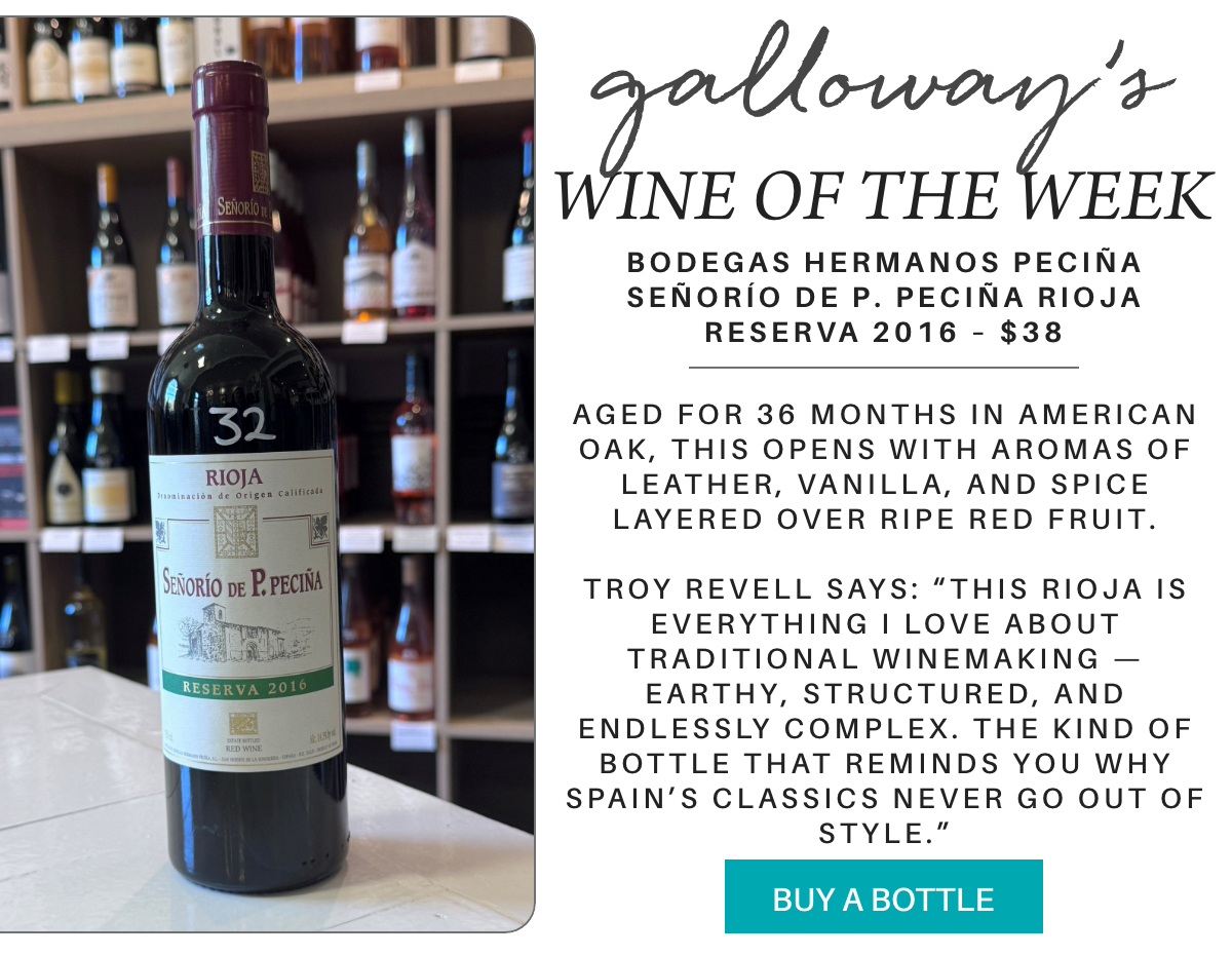 A bottle of Señorío de P. Peciña Rioja Reserva 2016 wine stands on a wooden table in a wine shop, surrounded by filled shelves. Text describes the wine’s features, price, and a positive review. Fearrington Village "Aged for 36 months in American oak, this opens with aromas of leather, vanilla, and spice layered over ripe red fruit. Troy revell says: “This Rioja is everything I love about traditional winemaking — earthy, structured, and endlessly complex. The kind of bottle that reminds you why Spain’s classics never go out of style.”"