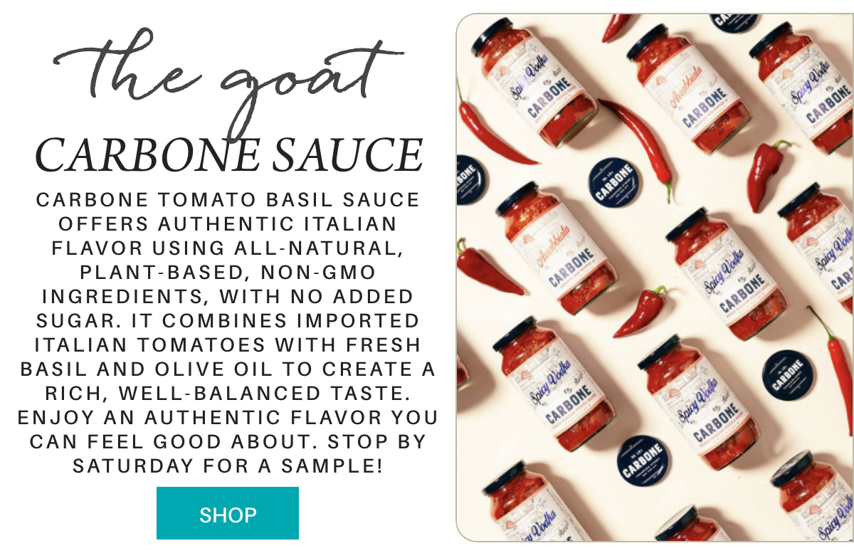 An arrangement of Carbone tomato basil sauce jars and red chili peppers on a white background. Text describes the sauce as all-natural, plant-based, and offers a well-balanced Italian flavor with no added sugar. A teal "Shop" button is shown. Fearrington Village "Carbone Tomato Basil Sauce offers authentic Italian flavor using all-natural, plant-based, non-GMO ingredients, with no added sugar. It combines imported Italian tomatoes with fresh basil and olive oil to create a rich, well-balanced taste. Enjoy an authentic flavor you can feel good about. stop by saturday for a sample!"