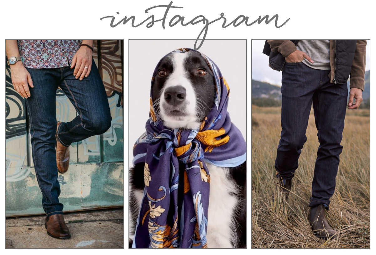A collage with "instagram" written above: the left and right images show men modeling dark jeans outdoors; the center image shows a black and white dog wearing a colorful scarf on its head. Fearrington Village