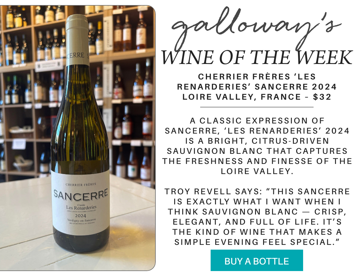 A bottle of Cherrier Frères ‘Les Renarderies’ Sancerre 2024 stands on a counter with wine shelves in the background. Text describes it as a featured Sauvignon Blanc from France, praised for its elegance and freshness. Fearrington Village "A classic expression of Sancerre, ‘Les Renarderies’ 2024 is a bright, citrus-driven Sauvignon Blanc that captures the freshness and finesse of the Loire Valley. Troy revell says: “This Sancerre is exactly what I want when I think Sauvignon Blanc — crisp, elegant, and full of life. It’s the kind of wine that makes a simple evening feel special.”"