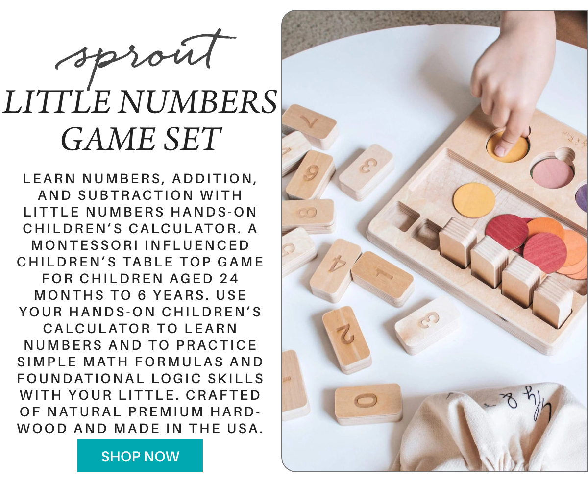 A child's hand interacts with a wooden numbers game set, featuring numbered wooden blocks and colorful discs, on a white surface. Text describes the set’s educational purpose for young children. Fearrington Village "Learn Numbers, Addition, and Subtraction with Little Numbers hands-on children’s calculator. A Montessori influenced children’s table top game for children aged 24 months to 6 years. Use your hands-on children’s calculator to learn numbers and to practice simple math formulas and foundational logic skills with your Little. crafted of Natural Premium Hard-wood and made in the usa."