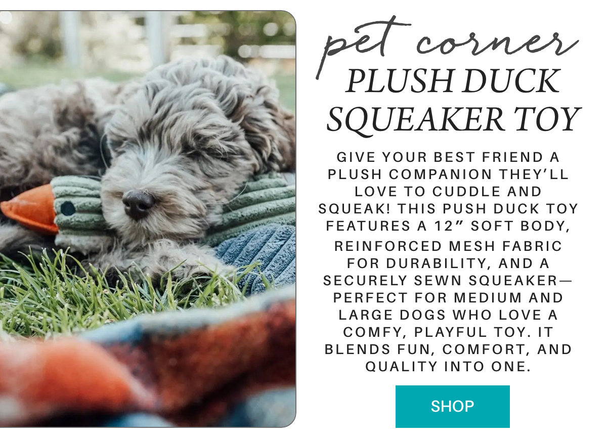 A fluffy gray dog lies on grass, cuddling an orange and green plush duck toy. Next to the image is a product description for the "Plush Duck Squeaker Toy" and a turquoise "Shop" button. Fearrington Village "Give your best friend a plush companion they’ll love to cuddle and squeak! This push duck toy features a 12″ soft body, reinforced mesh fabric for durability, and a securely sewn squeaker—perfect for medium and large dogs who love a comfy, playful toy. It blends fun, comfort, and quality into one. "