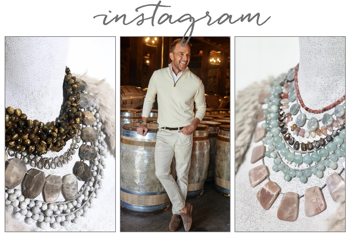 A collage features chunky beaded necklaces on mannequins left and right, and a smiling man in a beige sweater and pants standing in front of wine barrels in the center. The word "instagram" appears at the top. Fearrington Village